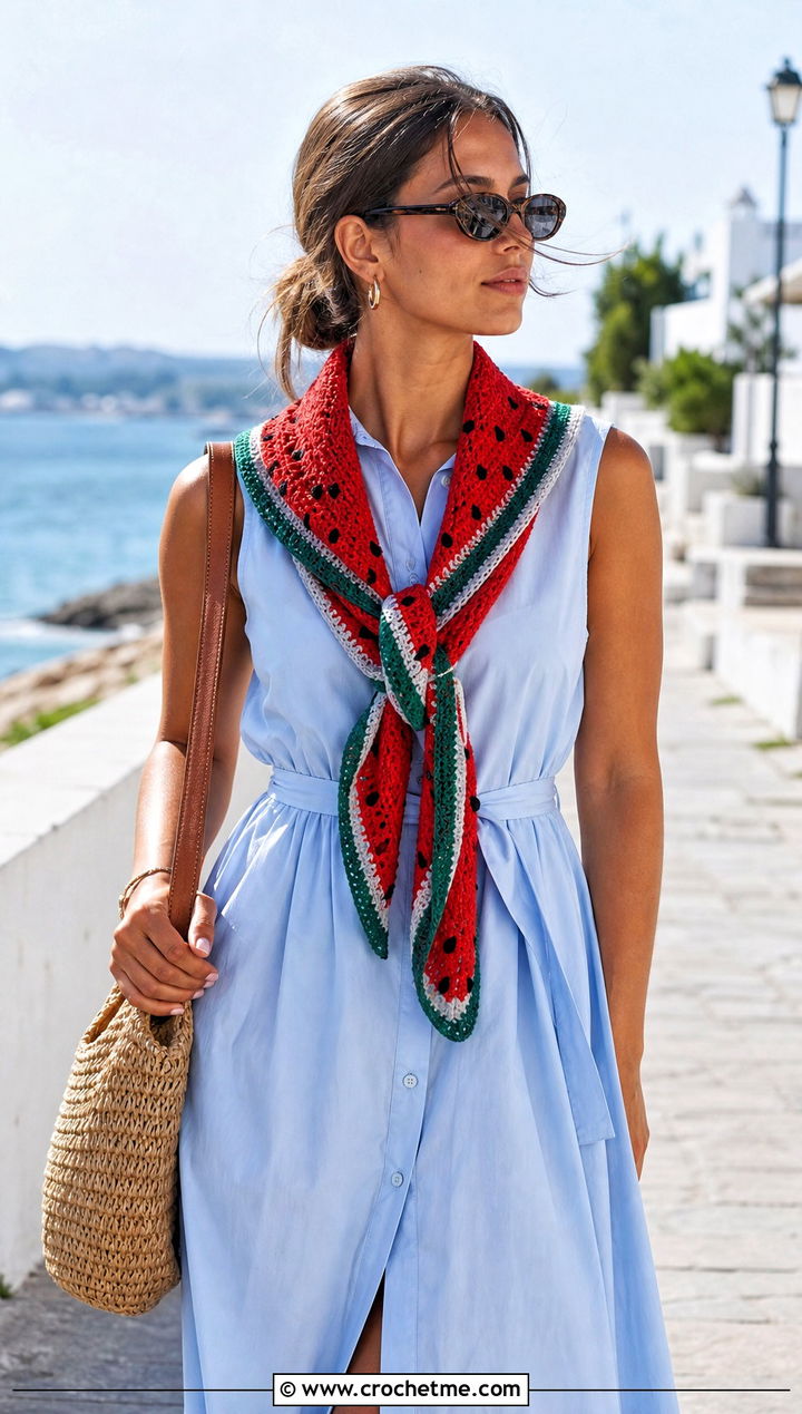 Fruit Slice Crochet Scarf With Summer Shirtdress - 15 Funny Crochet Scarf outfit ideas
