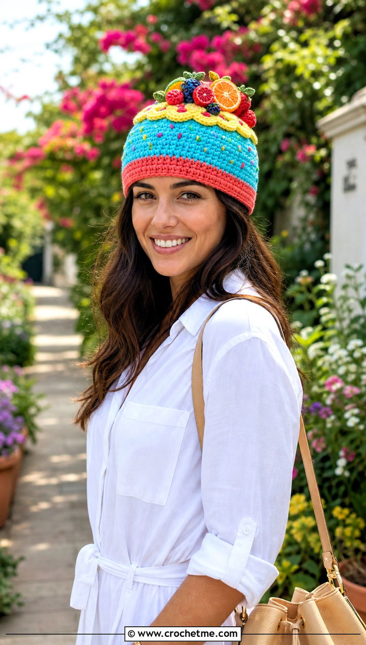 Fruit Sprinkle Crochet Cupcake Hat With Shirt Dress - 30 crochet cupcake hat outfit ideas