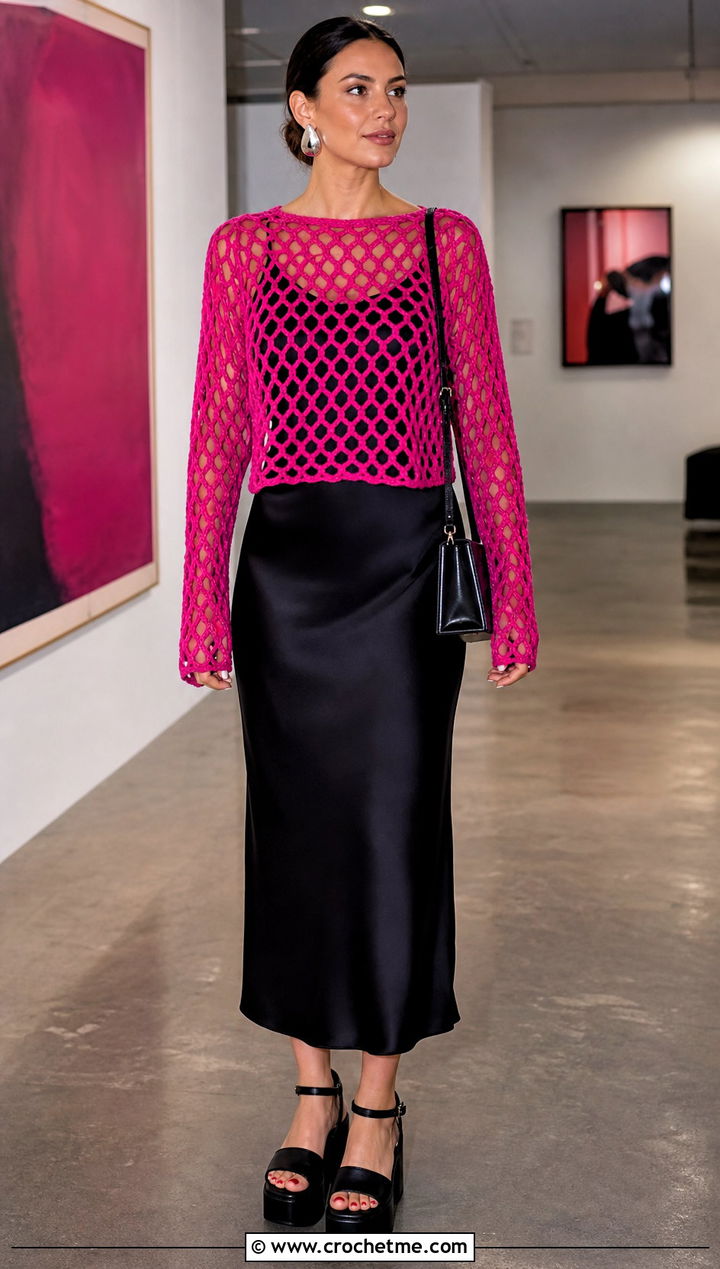 Fuchsia Crochet Long Sleeve Barbie Top Over A Slip Dress - 30 crochet barbie top outfit ideas