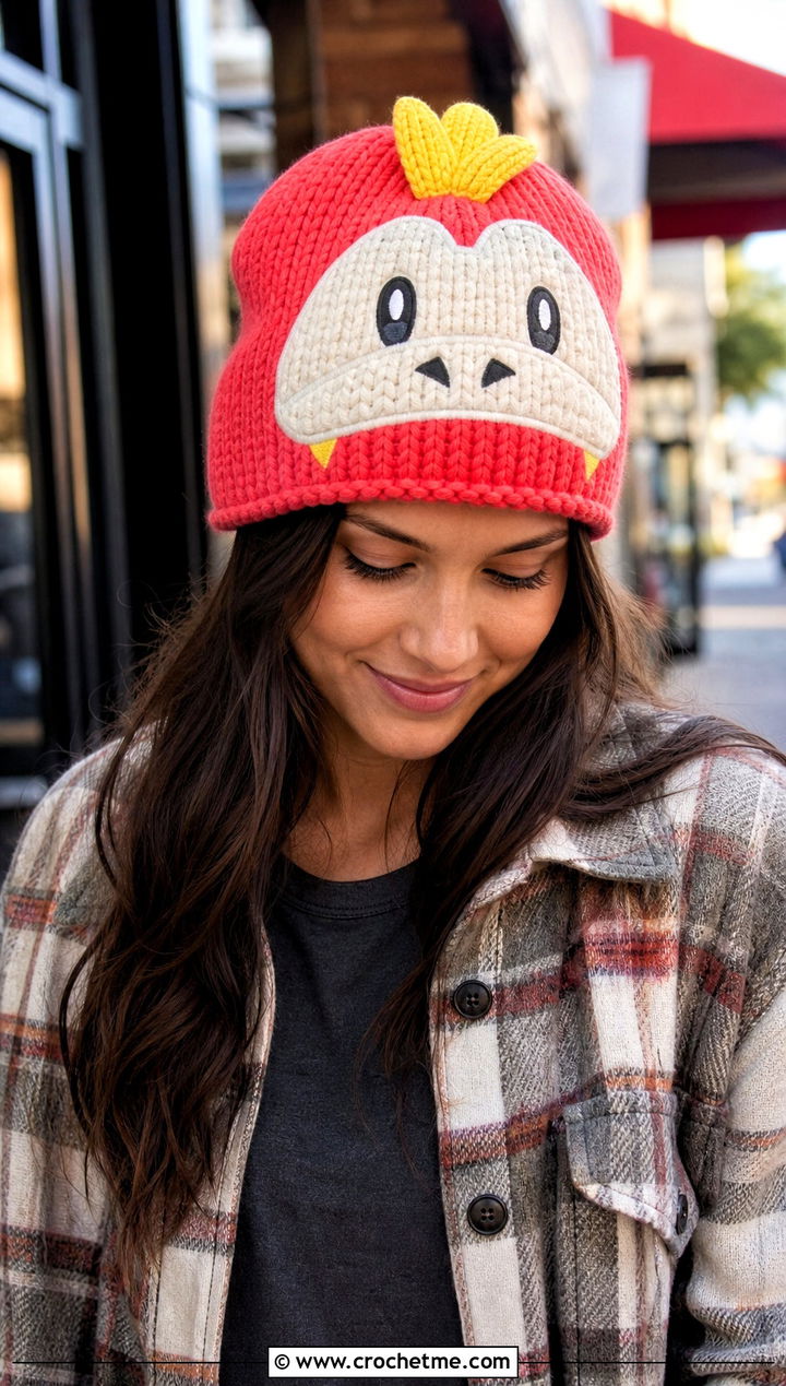 Fuecoco Crest Beanie With Plaid Shacket - 30 crochet pokemon beanie outfit ideas