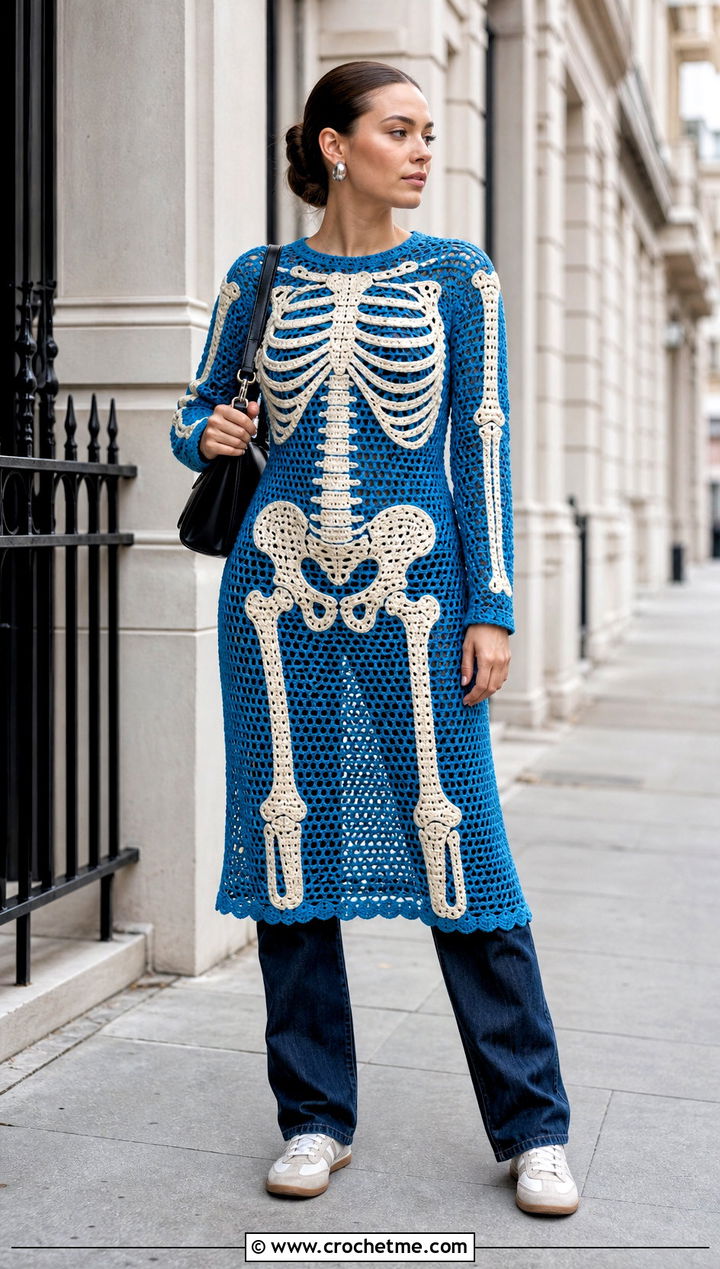 Full Body Crochet Skeleton Sweater With Straight Leg Jeans - 30 Crochet Skeleton Sweater outfit ideas