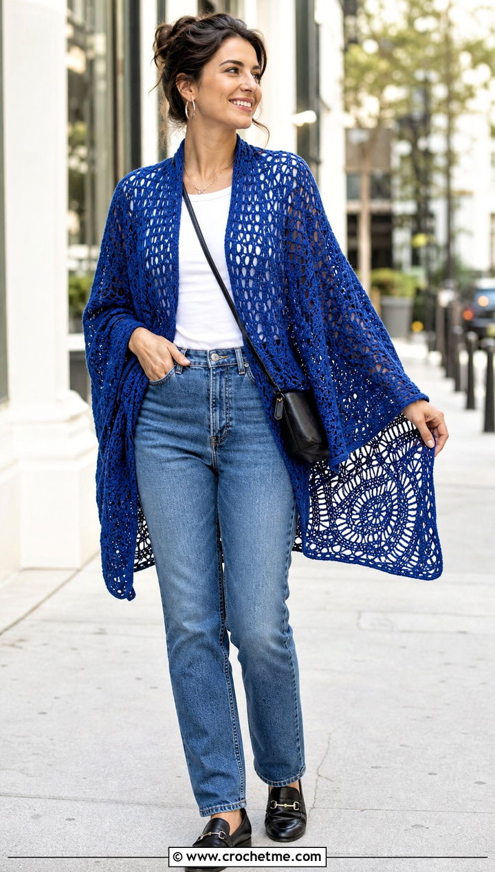 Full Circle Lace Crochet Shawl With Straight Leg Jeans - 20 Circle Crochet Shawl outfit ideas