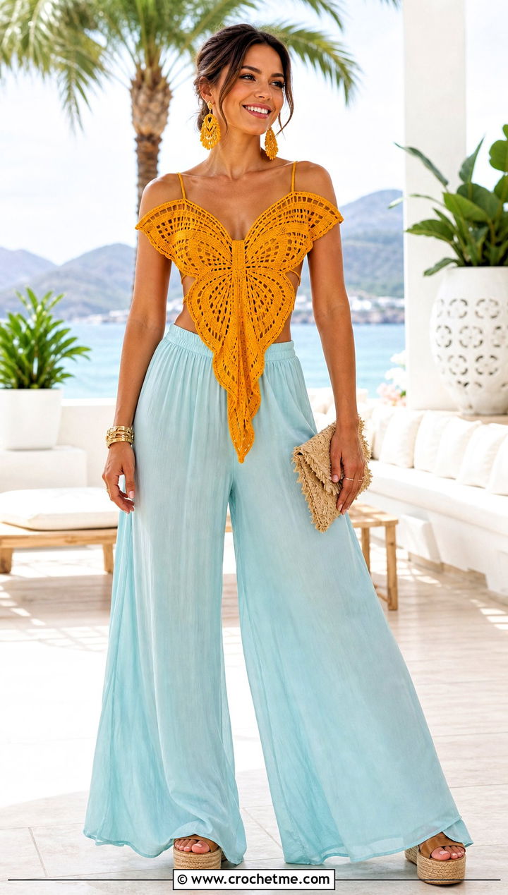 Full Coverage Crochet Butterfly Top With Palazzo Pants - 30 crochet butterfly tops outfit ideas