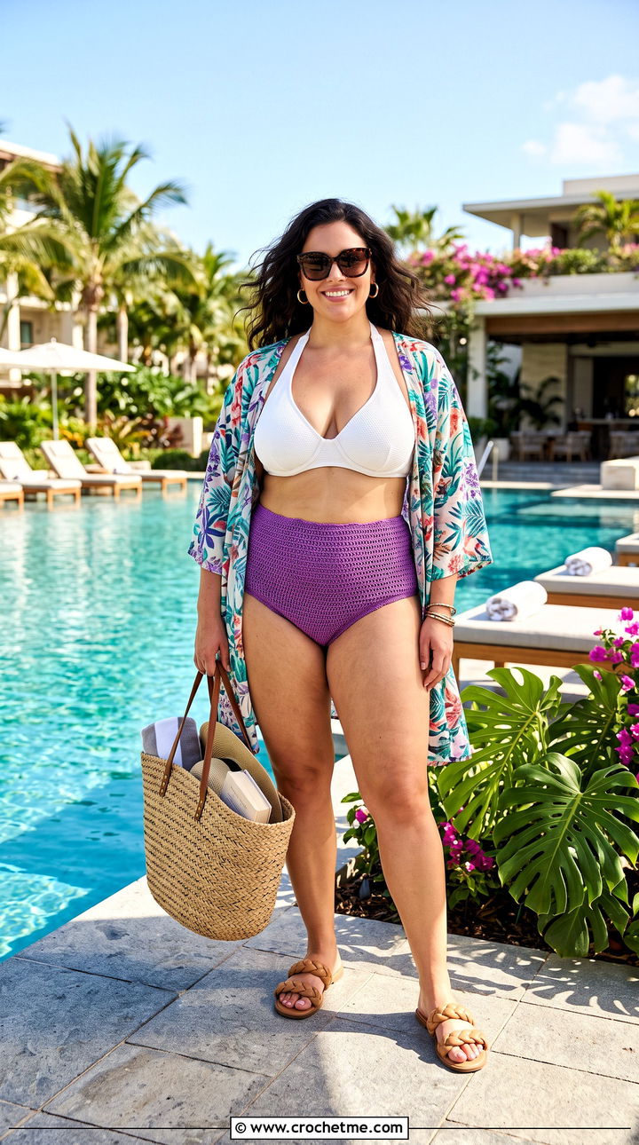 Full Coverage High Waist Crochet Swimsuit Bottoms With Kimono - 35 crochet swimsuit bottoms outfit ideas