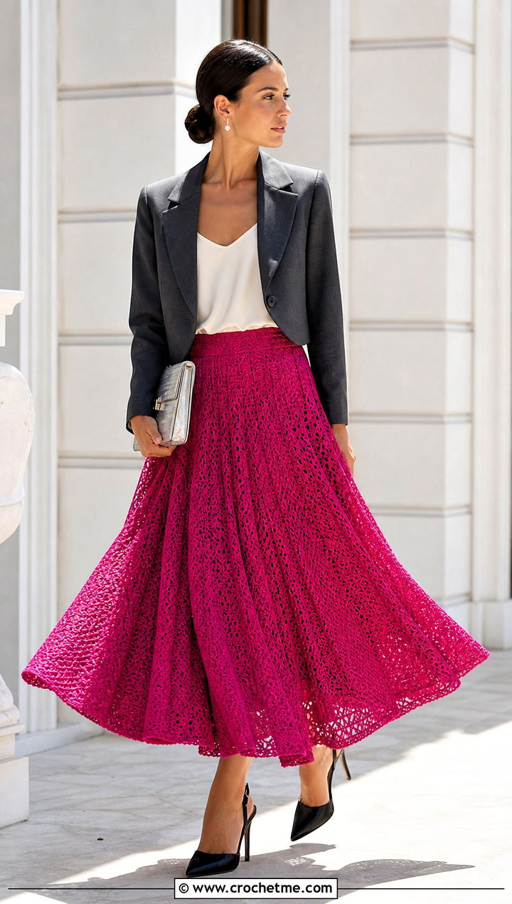 Full Crochet Circle Skirt With Cropped Blazer - 25 crochet circle skirt outfit ideas