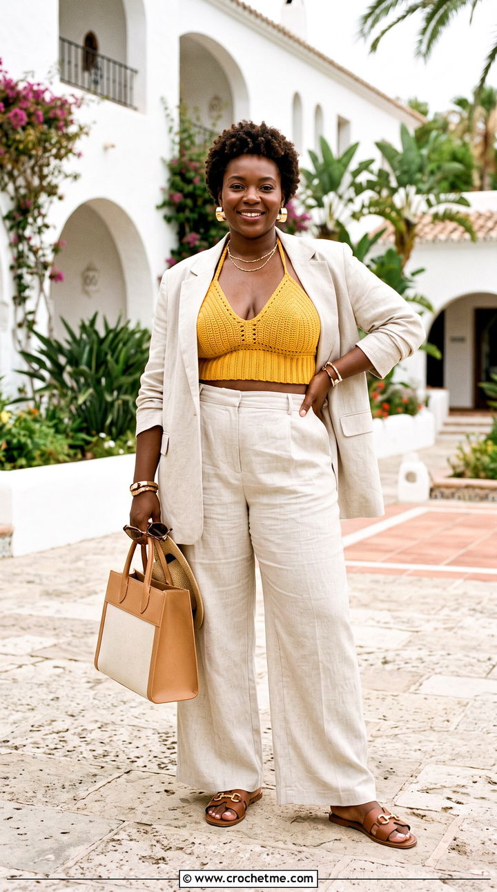 Full Cup Crochet Halter Bralette With A Linen Suit - 15 Crochet Halter Bralette outfit ideas