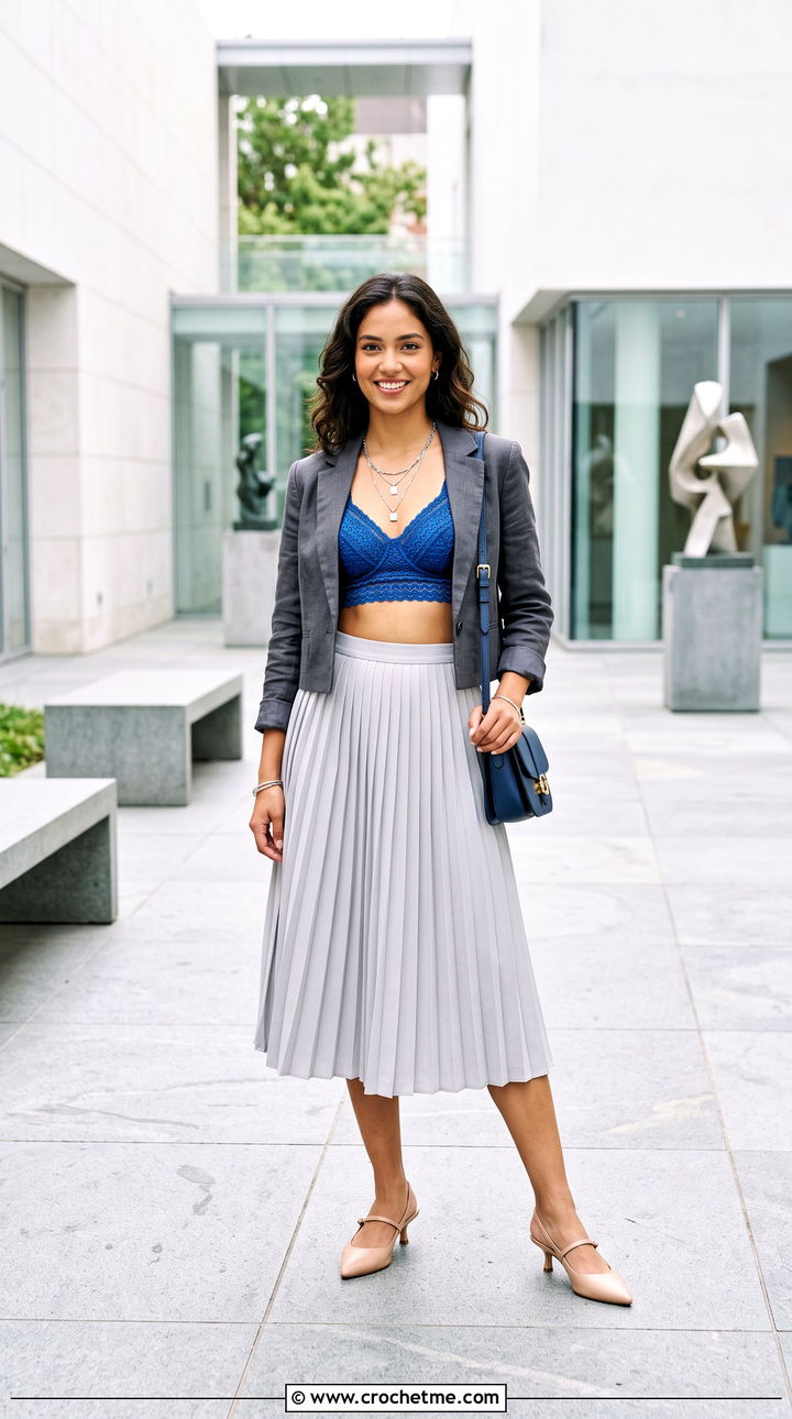 Full Cup Crochet Lace Bralette With Pleated Midi Skirt - 15 crochet lace bralette with necklace outfit ideas