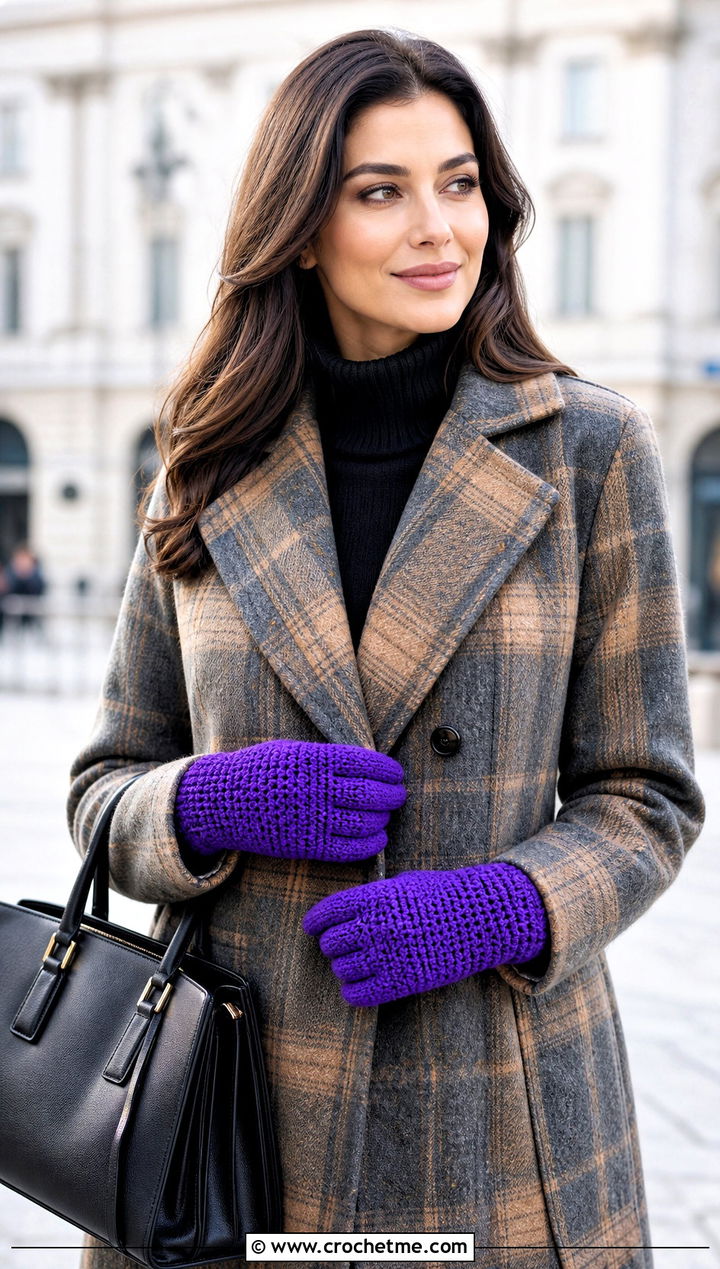 Full Finger Crochet Gloves With Plaid Coat - 25 crocheted gloves outfit ideas
