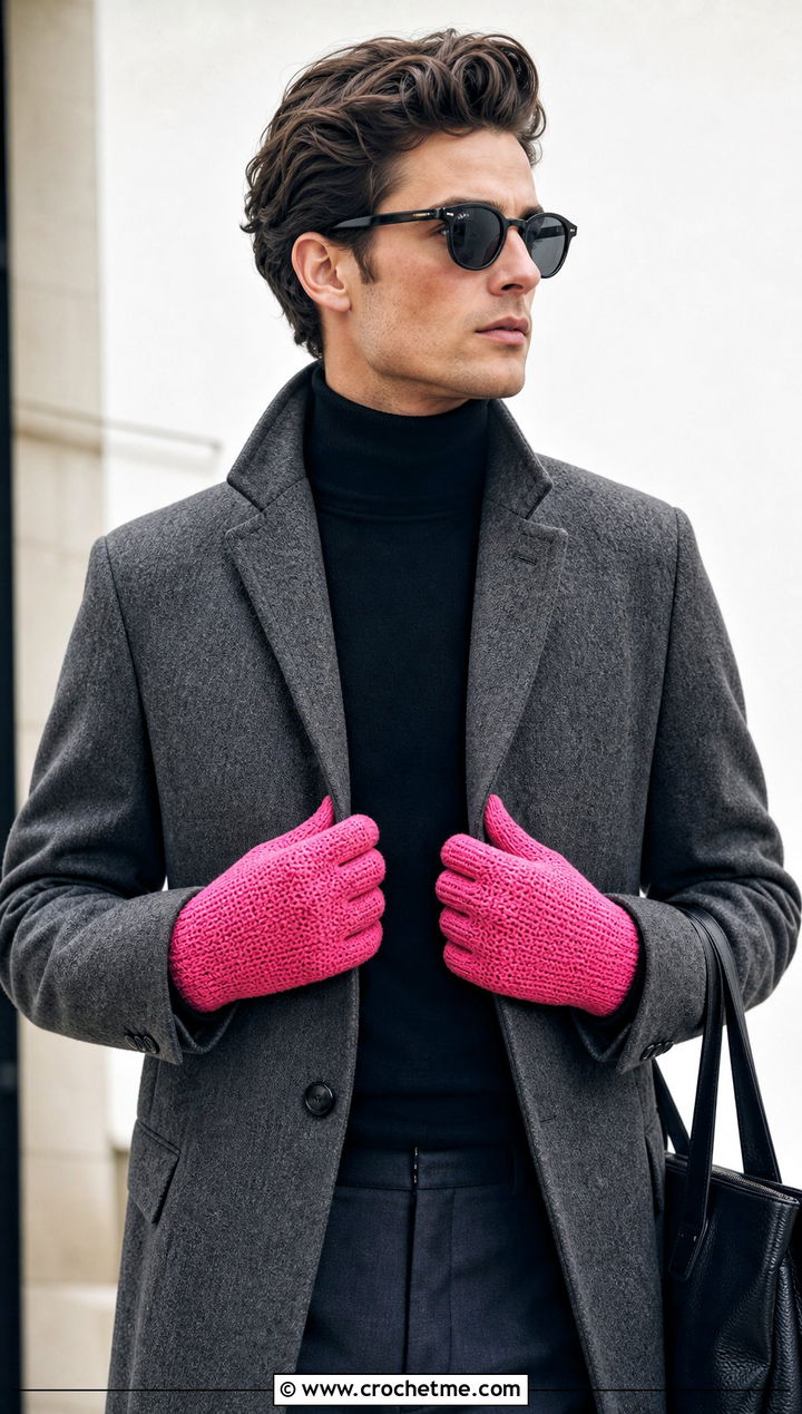 Full Finger Crochet Gloves With Wool Overcoat - 25 men's crochet gloves outfit ideas