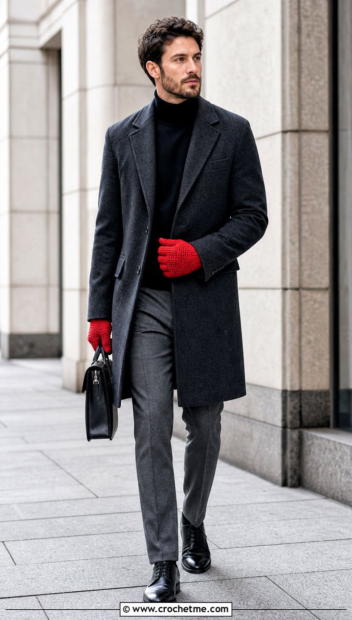 Full Finger Crochet Gloves With Wool Overcoat - 35 men crochet gloves outfit ideas
