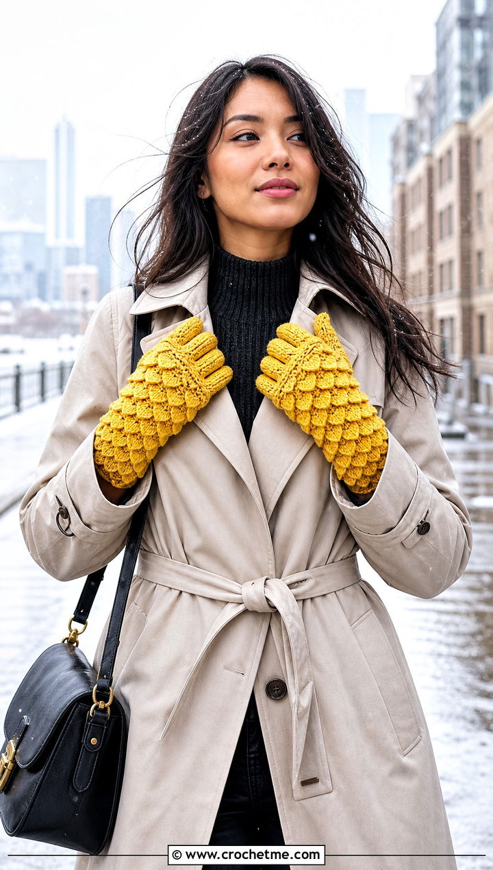 Full Finger Dragon Scale Crochet Gloves With Trench Coat - 30 dragon scale crochet gloves outfit ideas