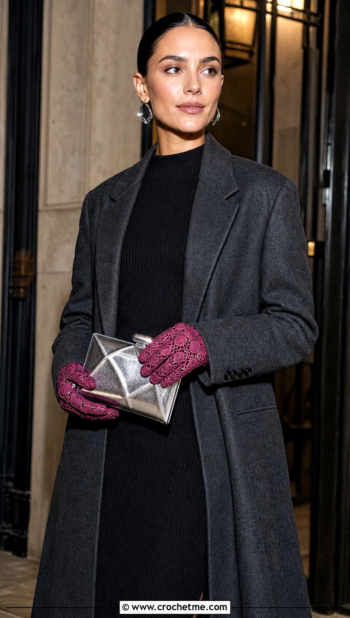 Full Finger Heart Crochet Gloves With Tailored Coat - 15 Heart Crochet Gloves outfit ideas