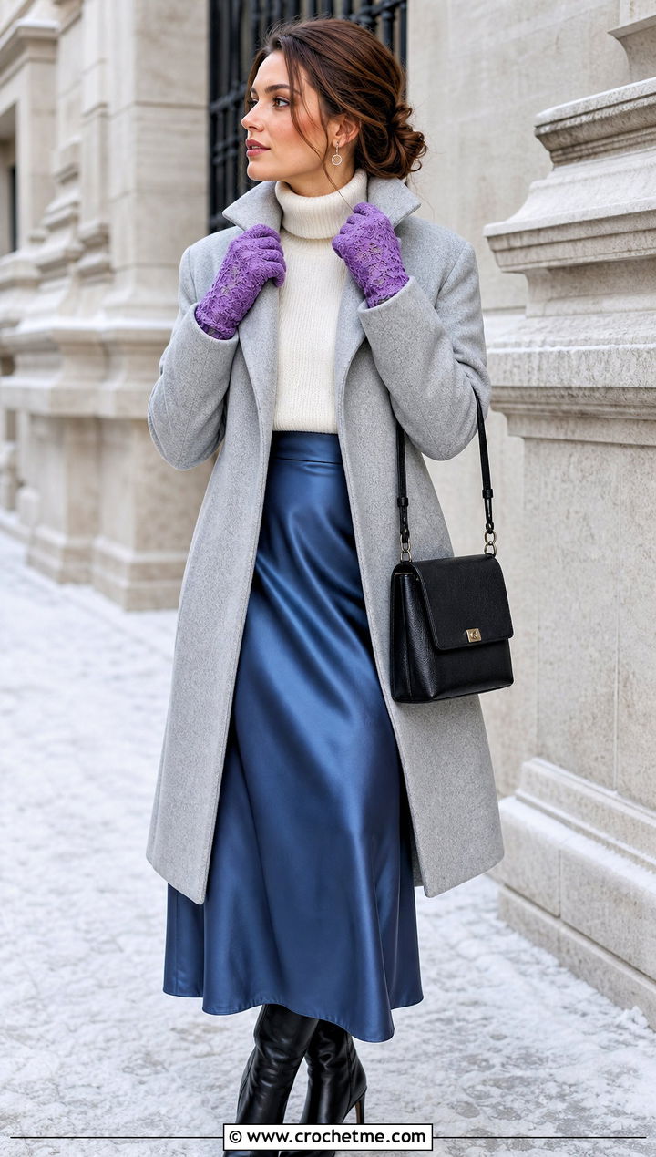 Full Finger Lace Crochet Gloves With Wool Coat And Satin Skirt - 15 Vintage Lace Crochet Gloves outfit ideas