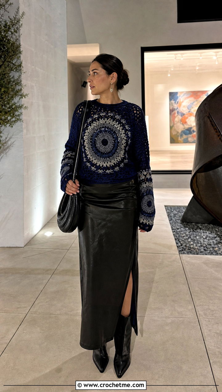 Full Moon Crochet Mabel Sweater With Leather Maxi Skirt - 35 crochet mabel sweater outfit ideas