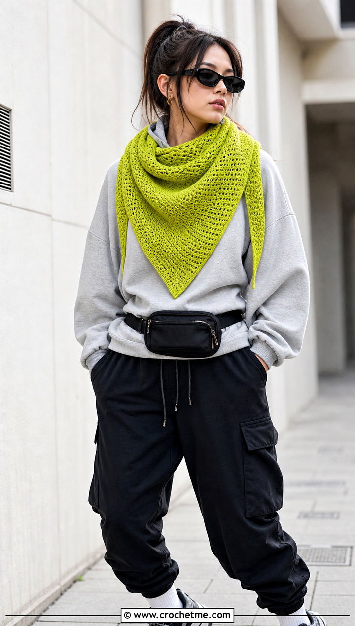 Full Stitch Tunisian Crochet Triangle Shawl With Hoodie And Cargo Pants - 25 Tunisian Crochet Triangle Shawl outfit ideas