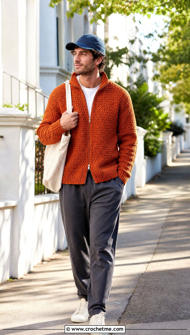 Full Zip Crochet Sweater With Joggers - 30 crochet sweater for man outfit ideas
