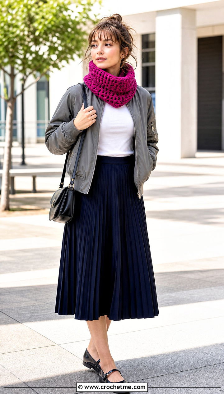 Funnel Bulky Crochet Cowl With Bomber Jacket - 20 Bulky Crochet Cowl outfit ideas