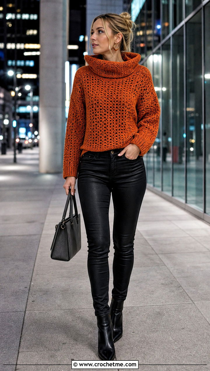 Funnel Collar Crochet Sweater With Coated Jeans - 35 crochet sweater with collar outfit ideas