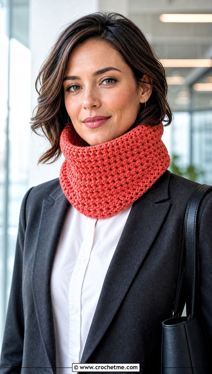 Funnel Crochet Chunky Cowl With Tailored Trousers - 30 crochet chunky cowl outfit ideas