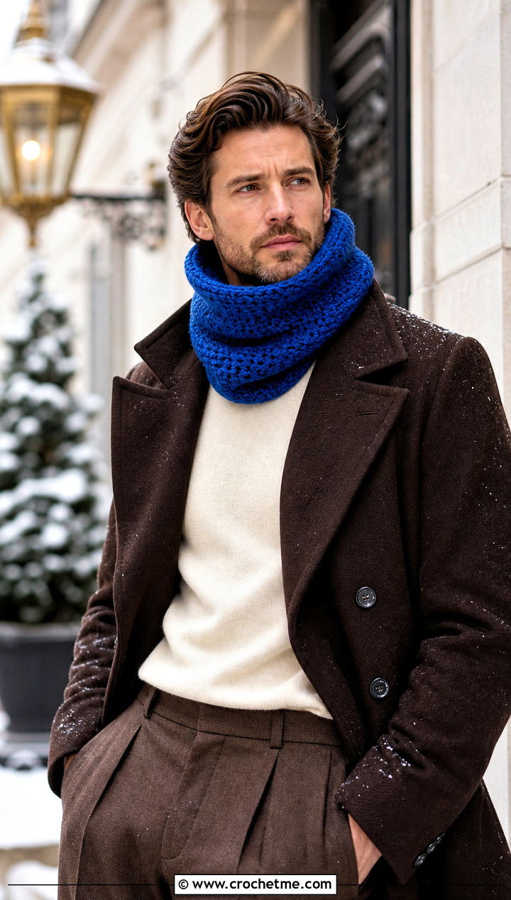 Funnel Crochet Cowl With Double Breasted Coat - 30 crochet cowl for men outfit ideas