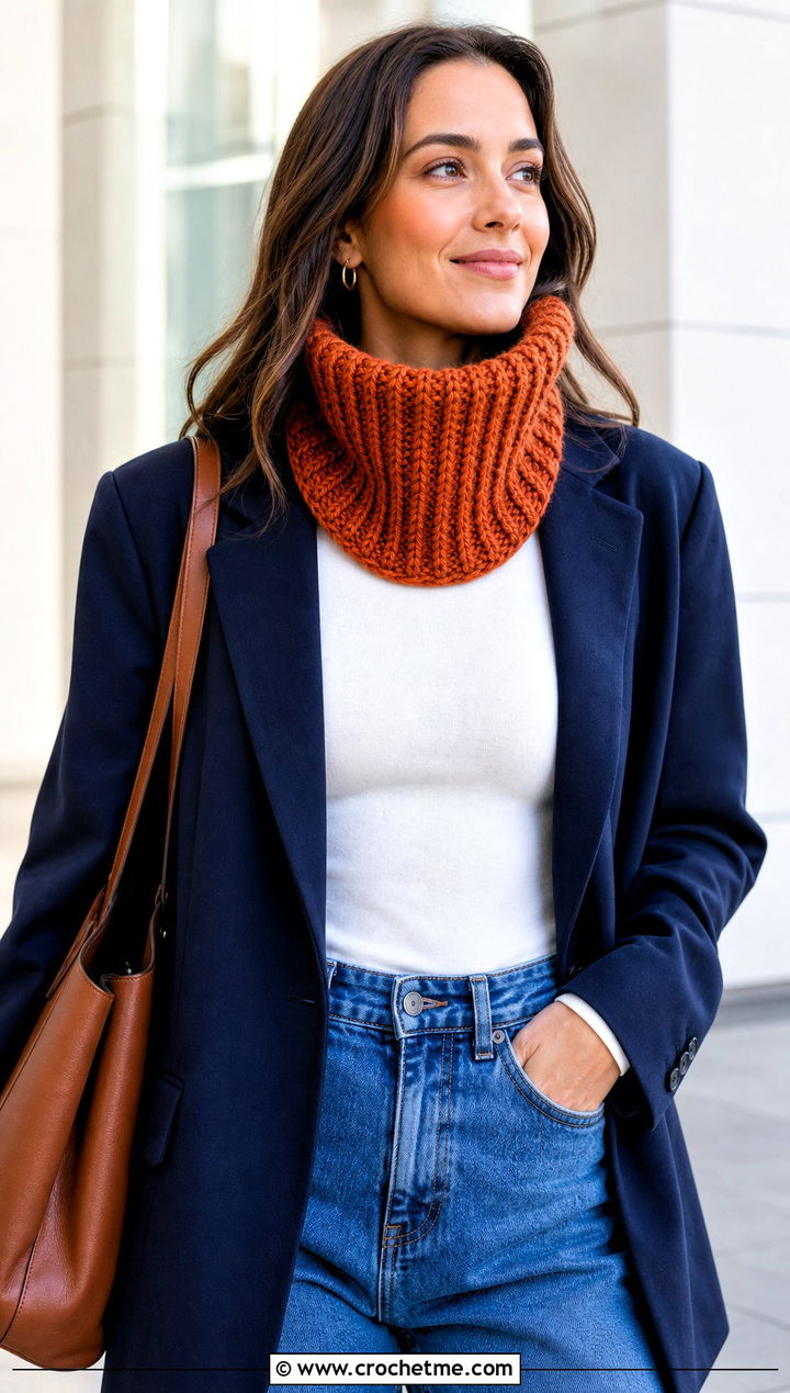 Funnel Crocheted Cowl With Oversized Blazer And Straight Jeans - 25 Crocheted Cowl outfit ideas