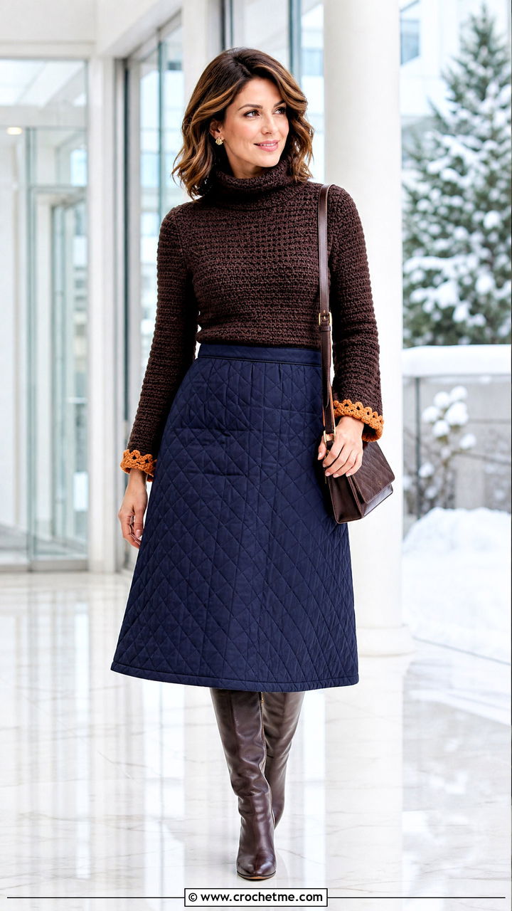 Funnel Neck Brown Crochet Sweater With Quilted Skirt - 35 crochet brown sweater outfit ideas