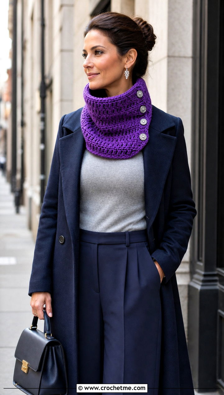 Funnel Neck Button Cowl With Wool Coat And Wide Leg Pants - 15 Crochet Cowl With Buttons outfit ideas