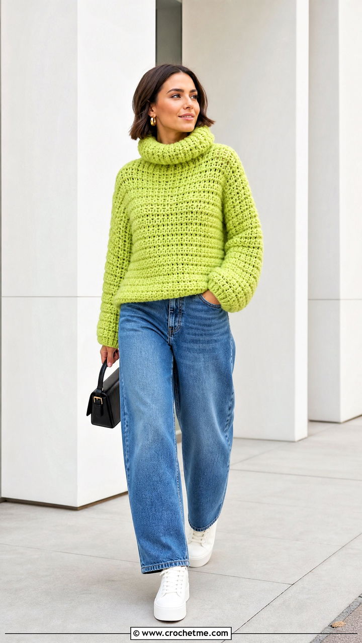 Funnel Neck Chunky Crochet Jumper With Barrel Leg Jeans - 35 chunky crochet jumper outfit ideas