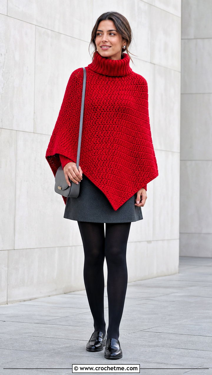 Funnel Neck Chunky Crochet Poncho With Mini Skirt - 25 Chunky Yarn Crochet Poncho outfit ideas