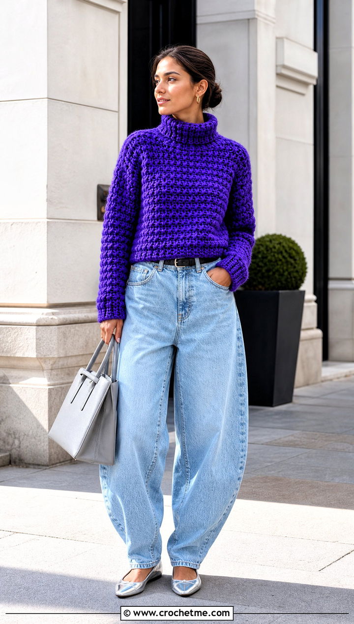 Funnel Neck Chunky Crochet Sweater With Barrel Jeans - 25 Chunky Crochet Sweaters outfit ideas