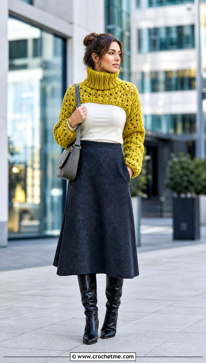 Funnel Neck Crochet Arm Shrug With Midi Skirt - 25 Crochet Arm Shrug outfit ideas