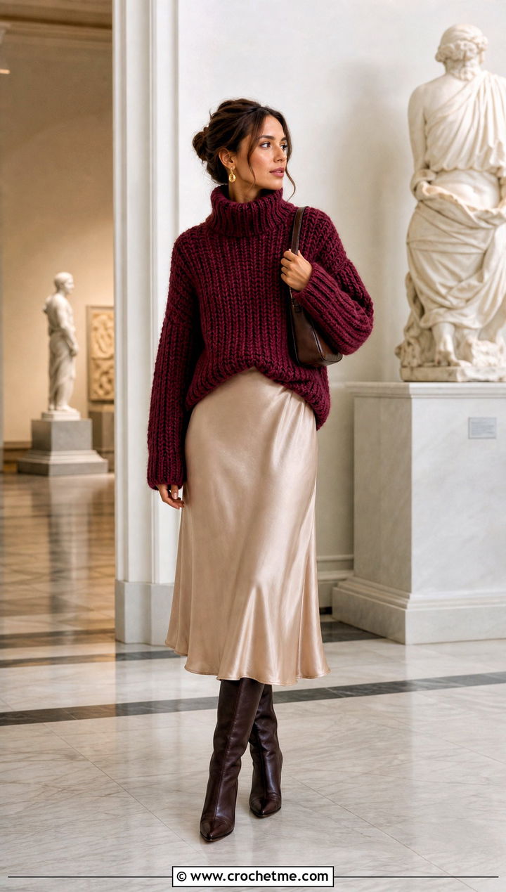 Funnel Neck Crochet Bulky Sweater With Slip Dress - 25 Crochet Bulky Sweater outfit ideas