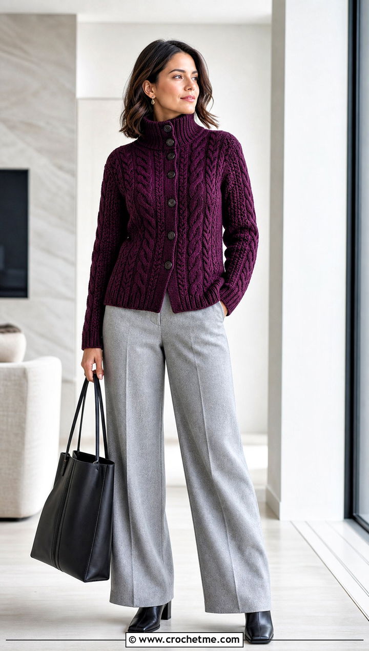 Funnel Neck Crochet Cable Cardigan With Wool Trousers - 25 Crochet Cable Cardigan outfit ideas