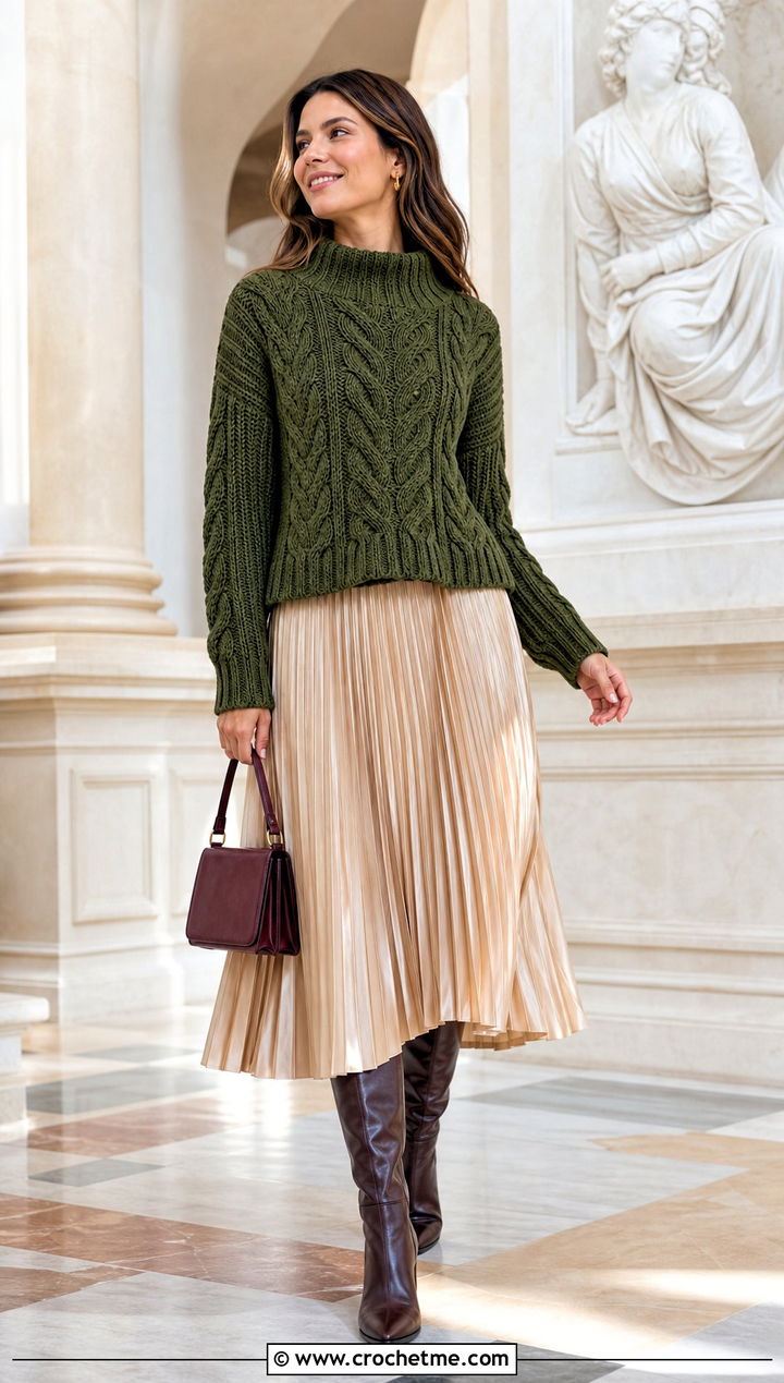 Funnel Neck Crochet Cable Sweater With Pleated Midi Skirt - 30 crochet cable knit sweater outfit ideas
