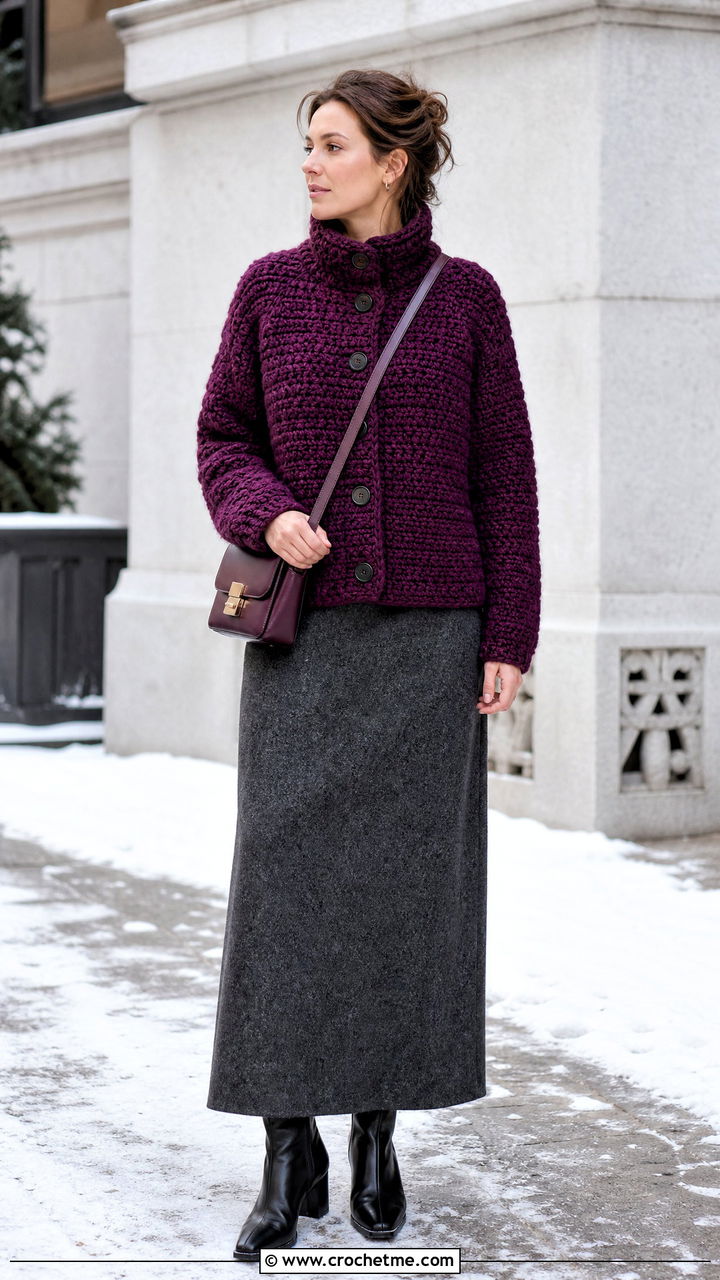 Funnel Neck Crochet Cardigan With Straight Maxi Skirt - 35 chunky crochet cardigan outfit ideas