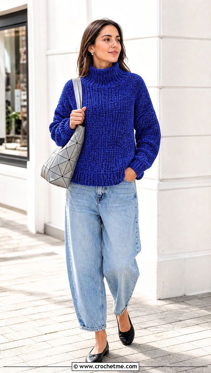 Funnel Neck Crochet Chenille Sweater With Barrel Jeans - 25 crochet chenille sweater outfit ideas