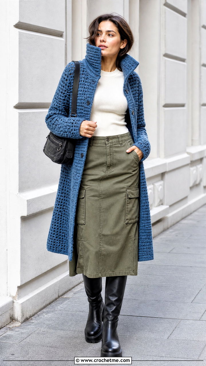 Funnel Neck Crochet Coat With Cargo Midi Skirt - 35 crochet coat outfit ideas