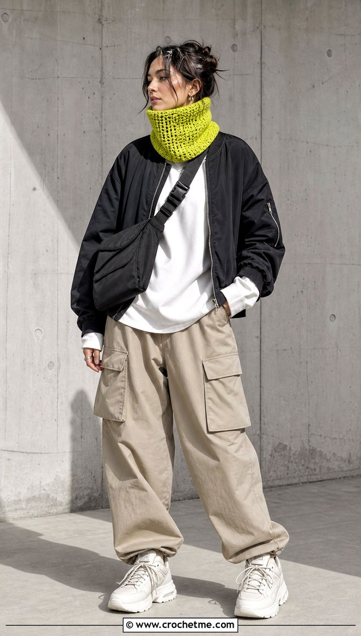 Funnel Neck Crochet Cowl With Cargo Pants - 25 Crochet Turtleneck Cowl outfit ideas