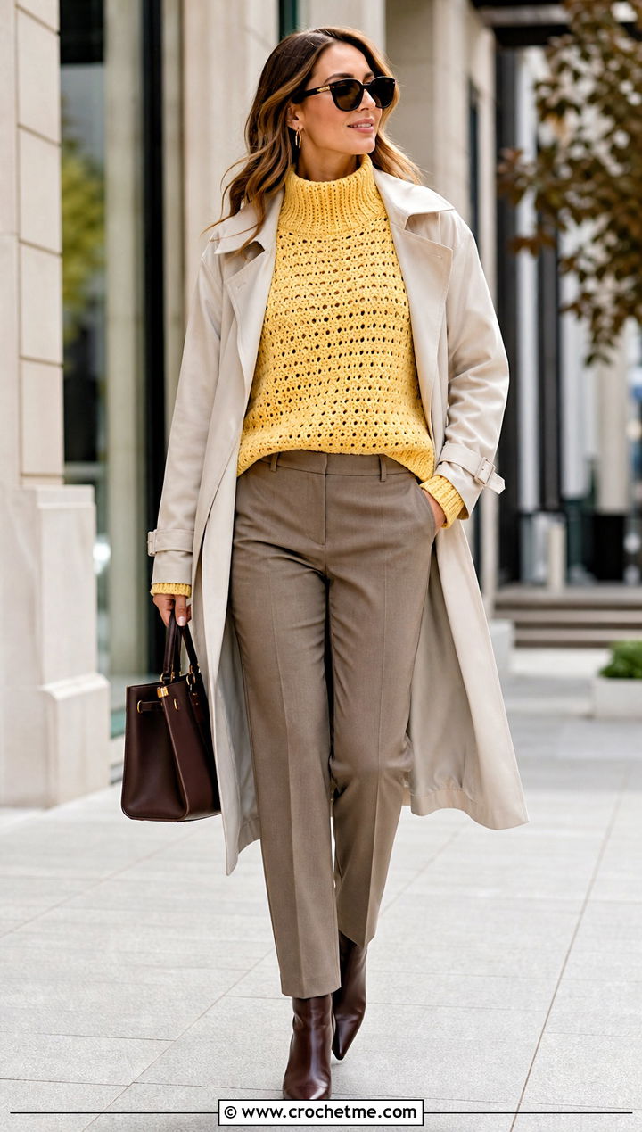 Funnel Neck Crochet Drop Shoulder Sweater With Trench Coat And Trousers - 30 crochet drop shoulder sweater outfit ideas