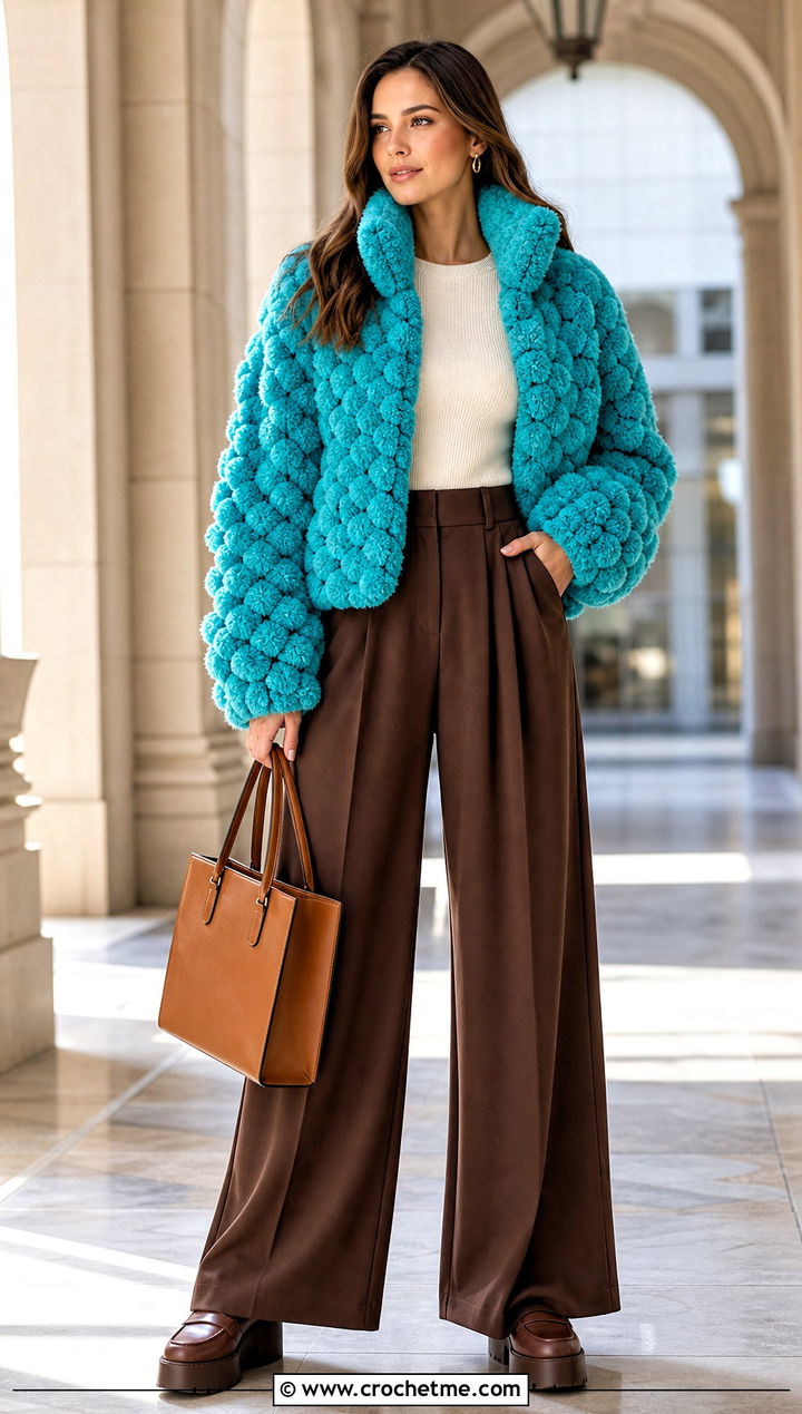 Funnel Neck Crochet Fur Jacket With Palazzo Pants - 30 crochet fur jacket outfit ideas
