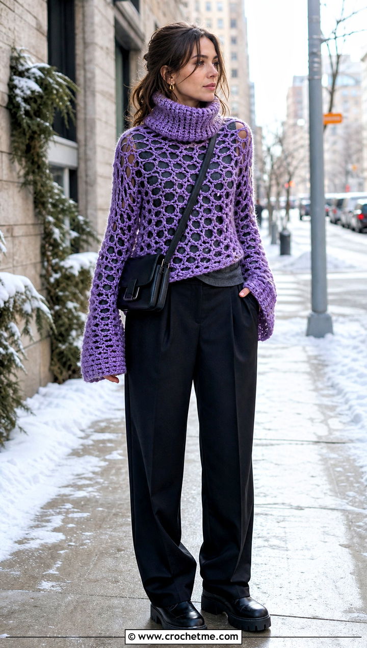 Funnel Neck Crochet Grunge Top With Wool Trousers - 30 crochet grunge top outfit ideas