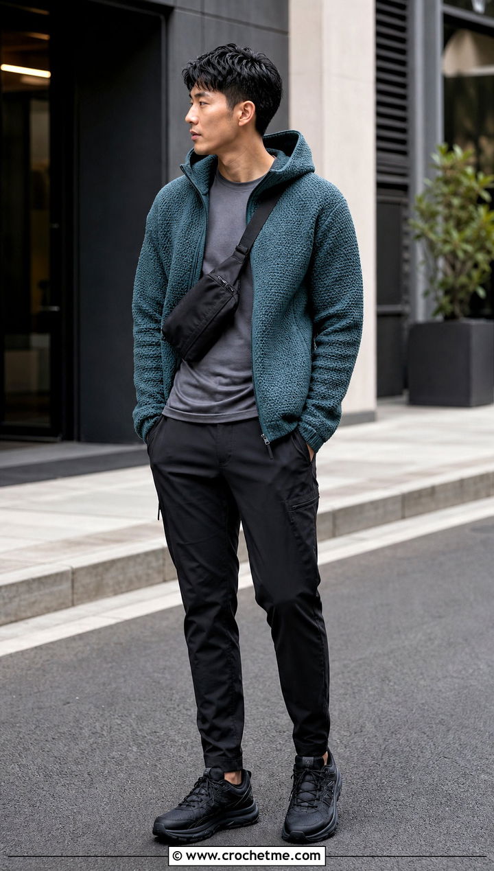 Funnel Neck Crochet Hoodie With Tech Pants - 30 Crochet Hoodies For Men outfit ideas