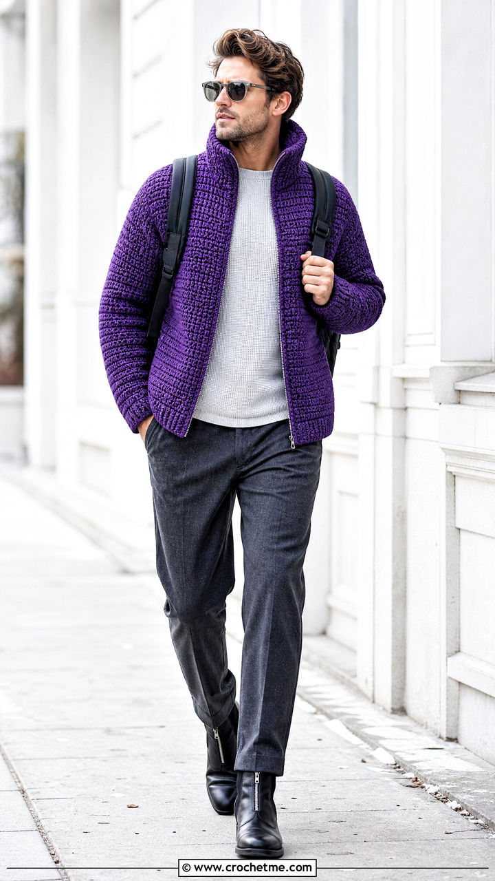 Funnel Neck Crochet Jacket With Straight Trousers - 35 crochet jacket for men outfit ideas