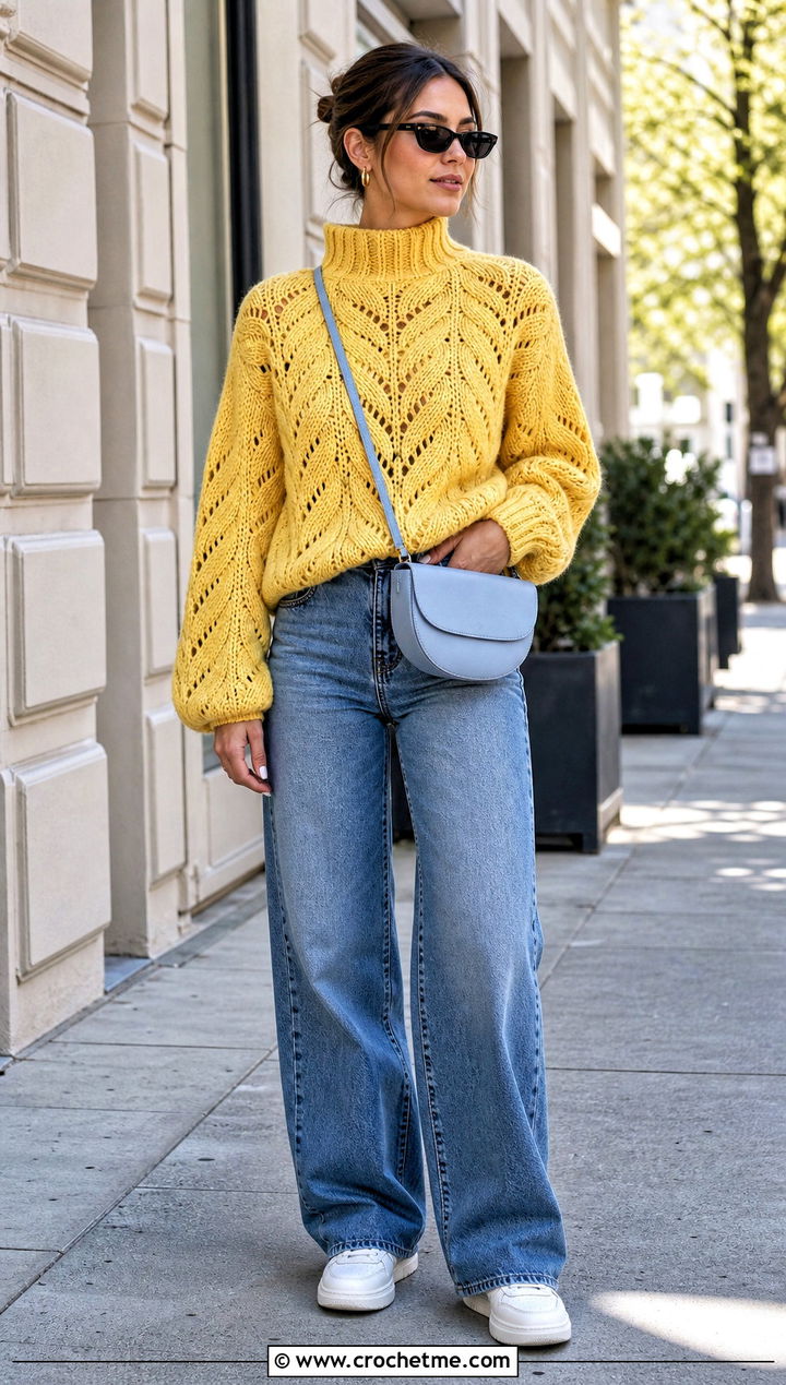 Funnel Neck Crochet Leaf Sweater With Wide Leg Jeans - 25 crochet leaf sweater outfit ideas