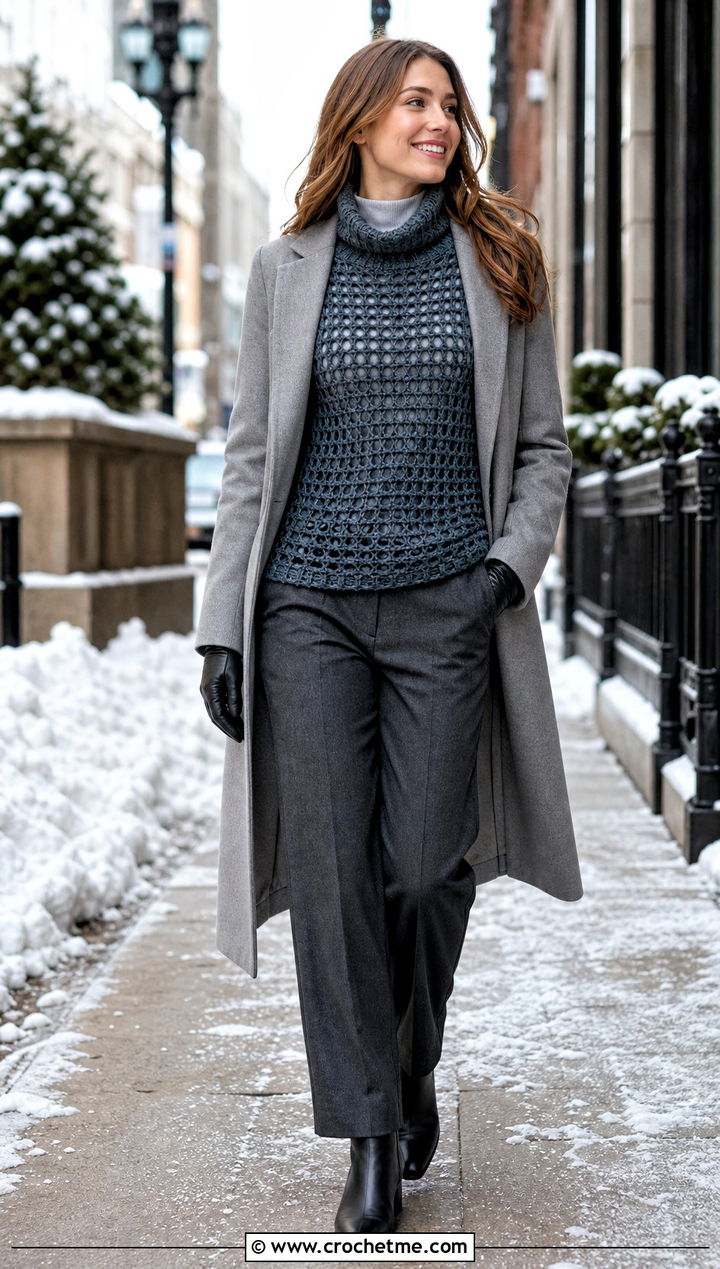 Funnel Neck Crochet Mesh Jumper With Wool Trousers - 30 crochet mesh jumper outfit ideas