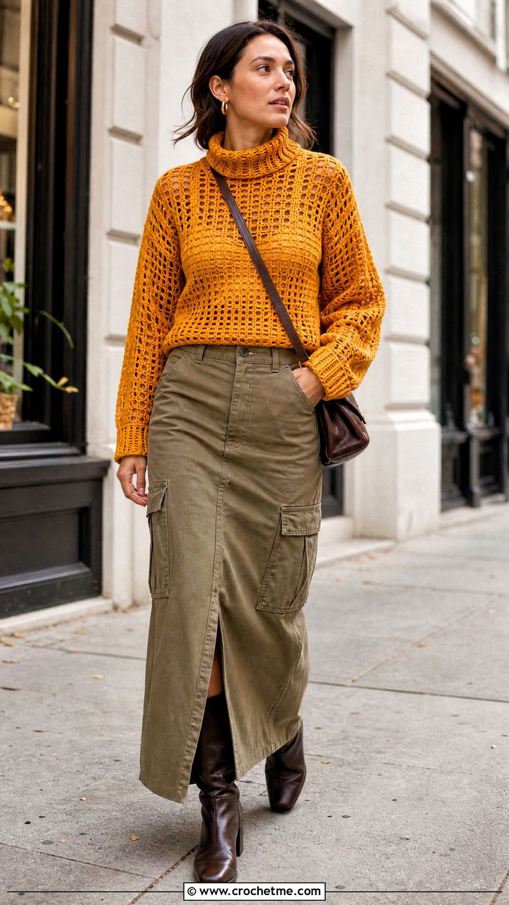 Funnel Neck Crochet Mesh Sweater With Cargo Maxi Skirt - 35 crochet mesh sweater outfit ideas