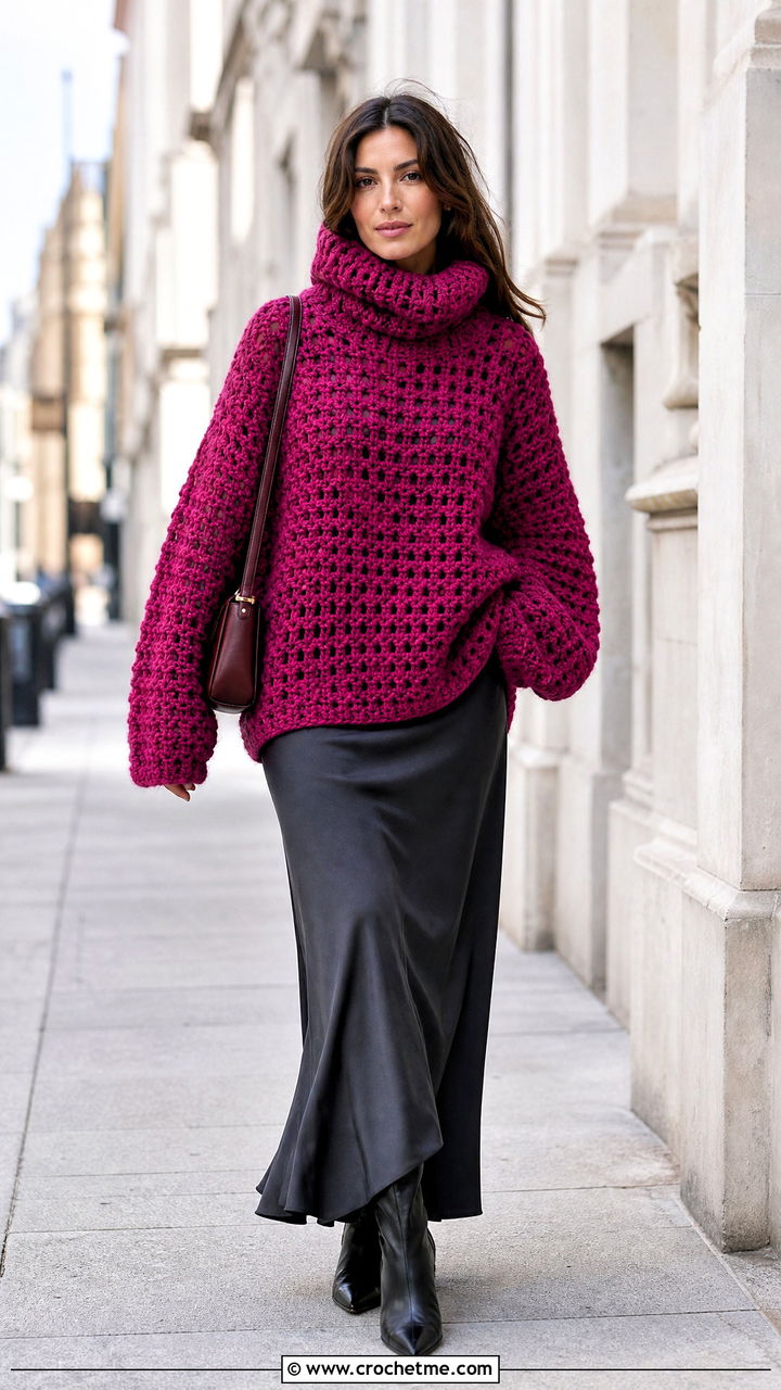 Funnel Neck Crochet Oversized Sweater With Maxi Skirt - 35 crochet oversized sweater outfit ideas