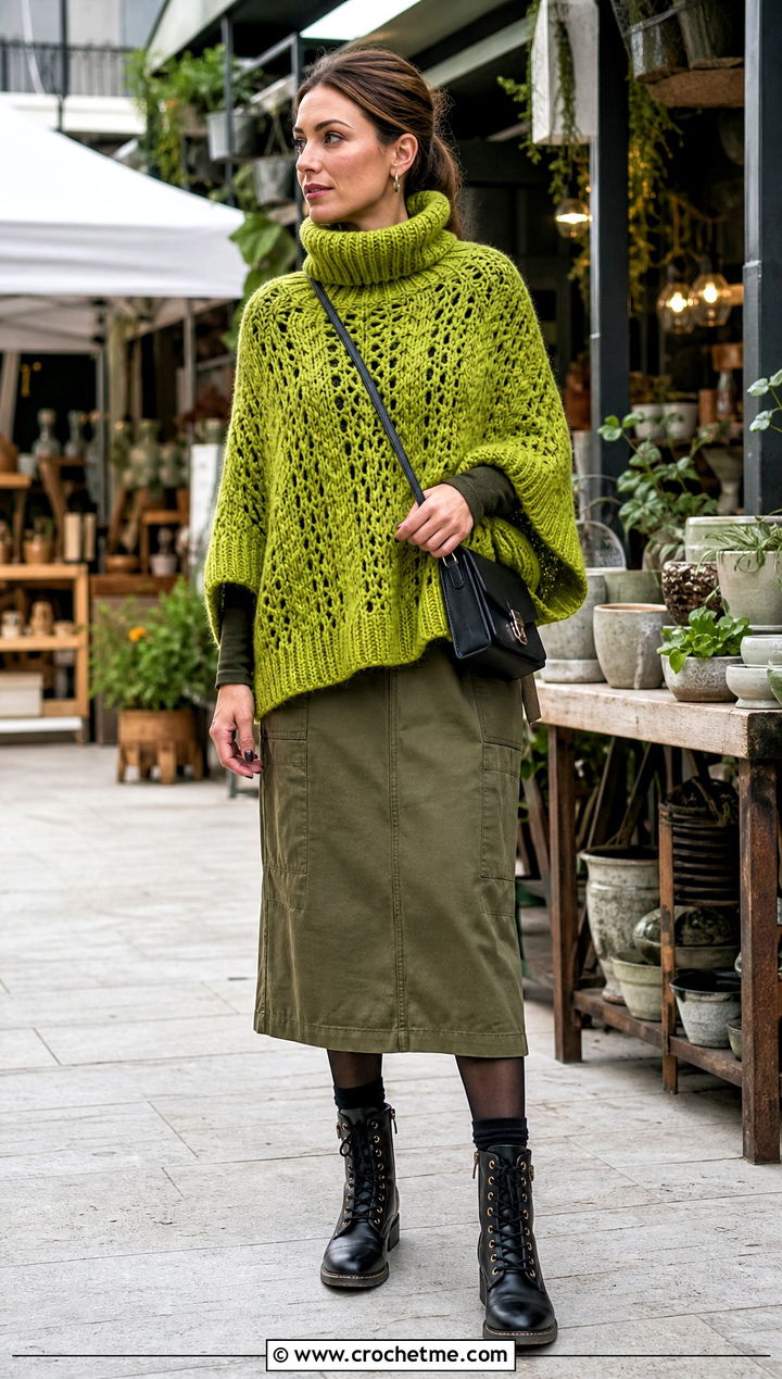 Funnel Neck Crochet Poncho Sweater With Utility Skirt - 35 crochet poncho sweater outfit ideas