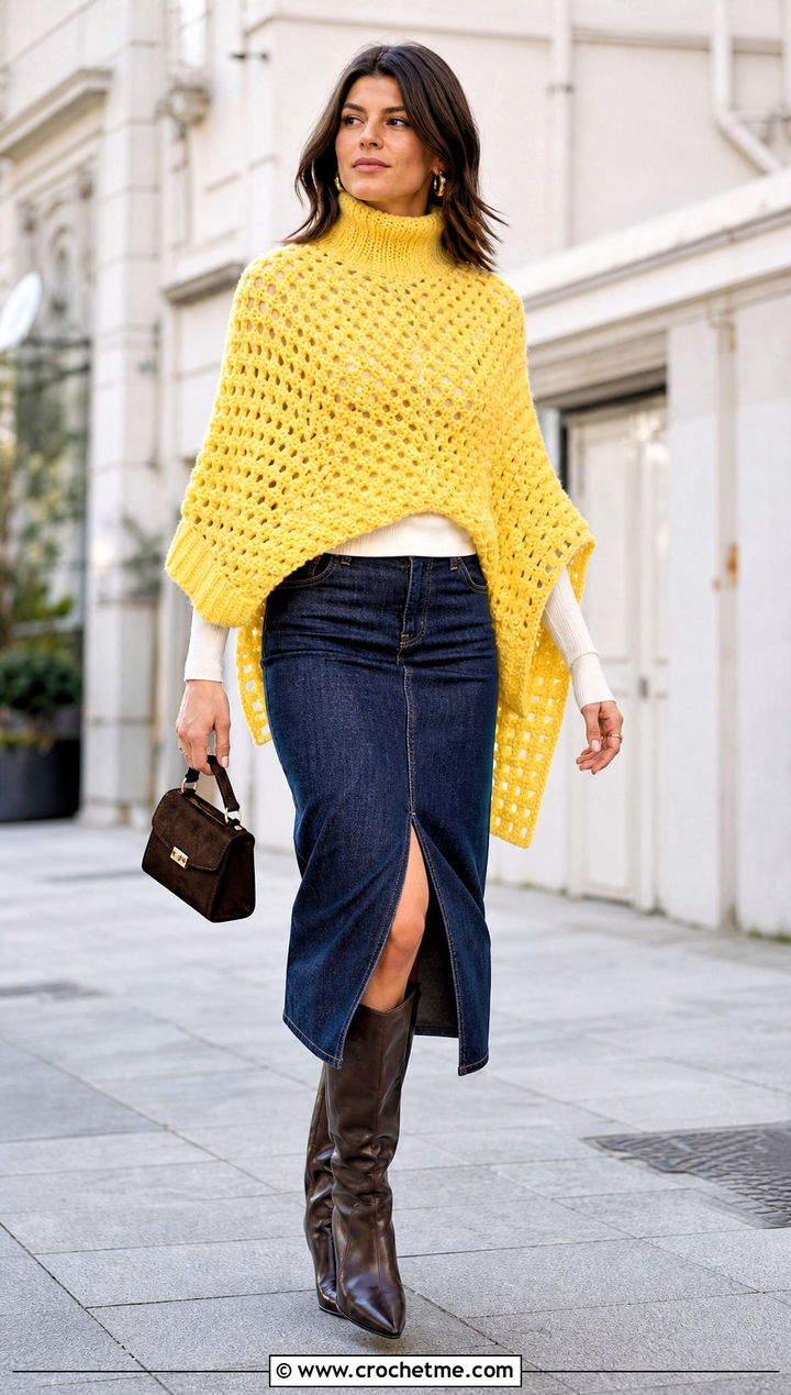Funnel Neck Crochet Poncho With Denim Midi Skirt - 25 Crochet Poncho With Collar outfit ideas