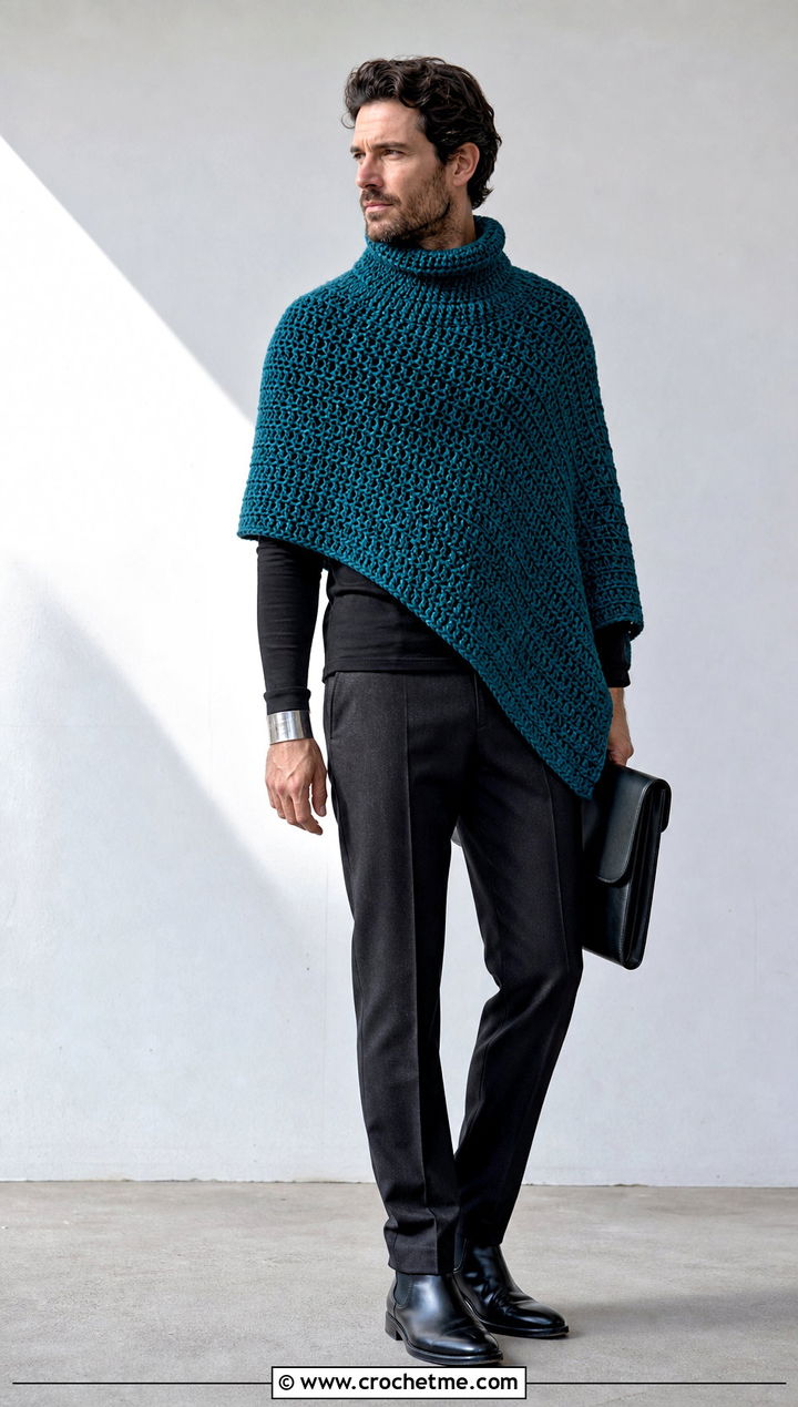Funnel Neck Crochet Poncho With Suit Pants - 30 men crochet poncho outfit ideas